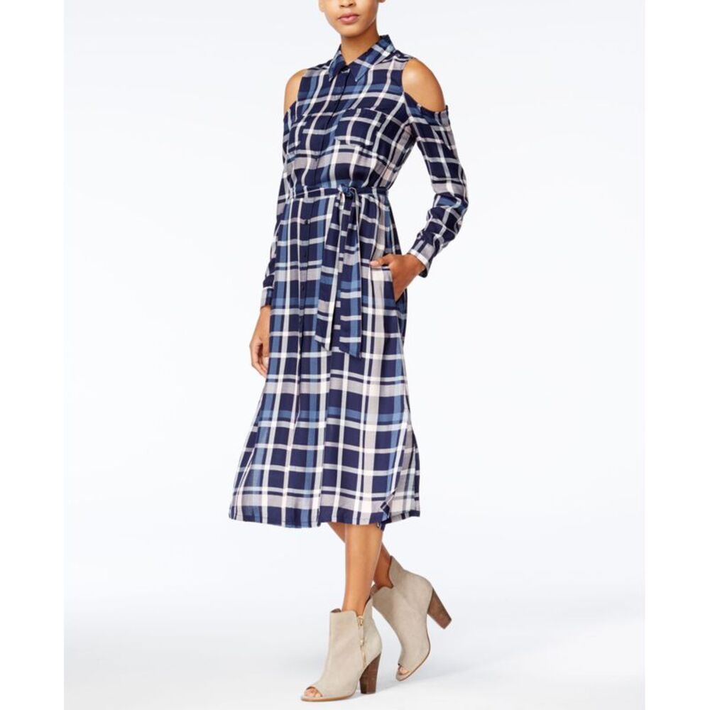 Maison Jules Cold Shoulder Plaid Midi Dress